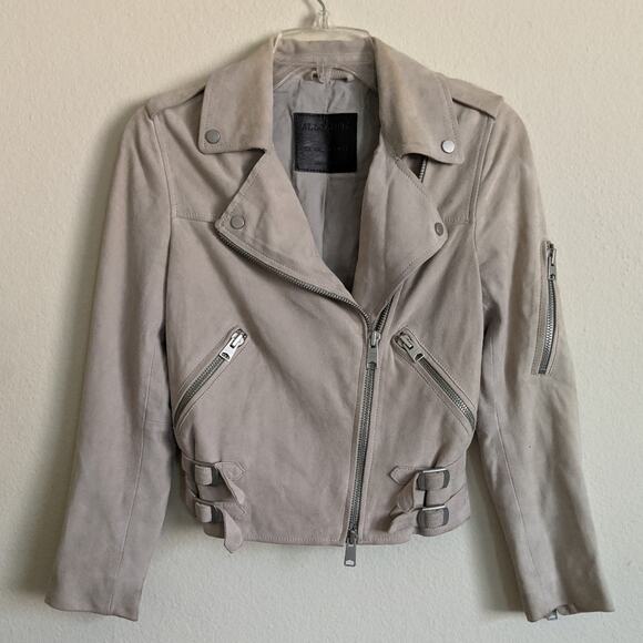 All Saints Latham Goatskin Leather Suede Biker Jacket in Grey, Size 0 - Picture 5 of 13